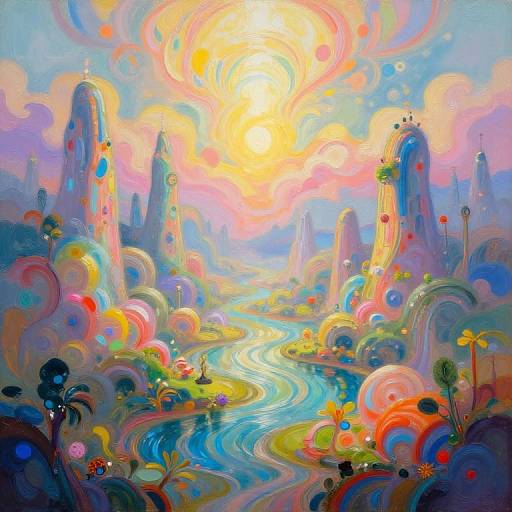 Vibrant, surreal landscape painting with swirling colors, glowing sun, rainbow-like mountains, winding river, and abstract floral patterns, blending fantasy and psychedelic