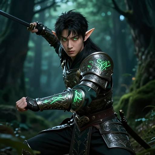 Digital CGI of a fierce, black-haired elf with glowing green eyes, wearing ornate silver armor with green runes, wielding a sword in a misty