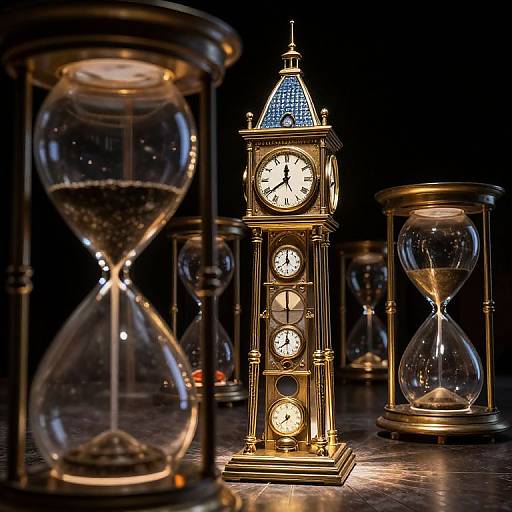 Photograph of an illuminated, ornate clock tower surrounded by glowing hourglasses against a dark background, highlighting time's passage.