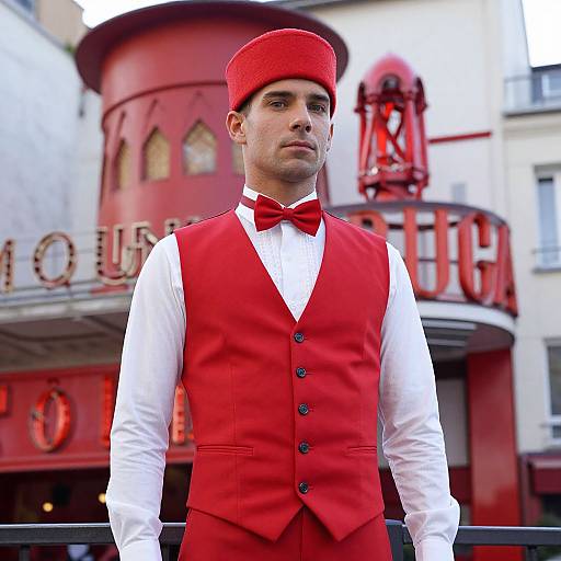 Photograph of a young man in a red vest, bow tie, and hat standing in front of a vintage theater with red signage.