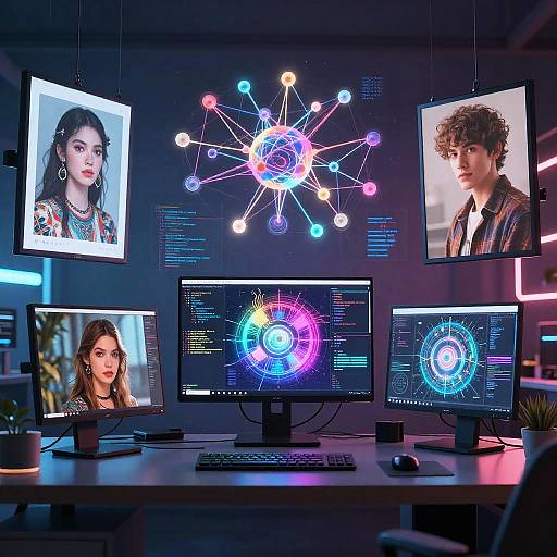 Photograph of a modern, neon-lit workspace with four monitors displaying portraits of two women and two men, surrounded by a glowing molecular structure on the