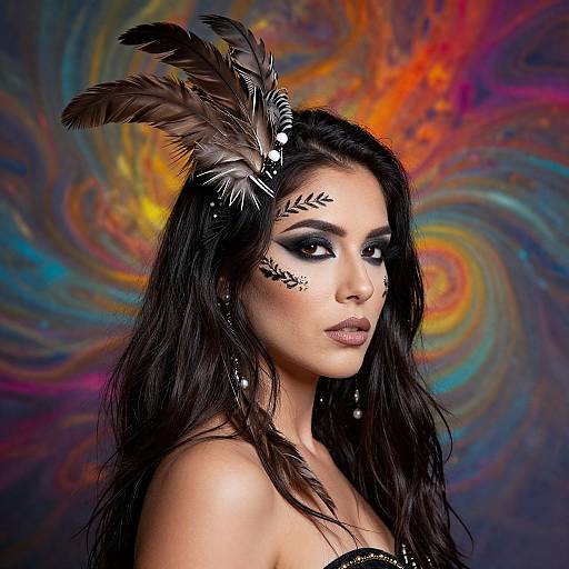 Photograph of a dark-haired woman with black feather headpiece, intricate face paint, and dramatic eye makeup, set against a vibrant, swirl-patterned