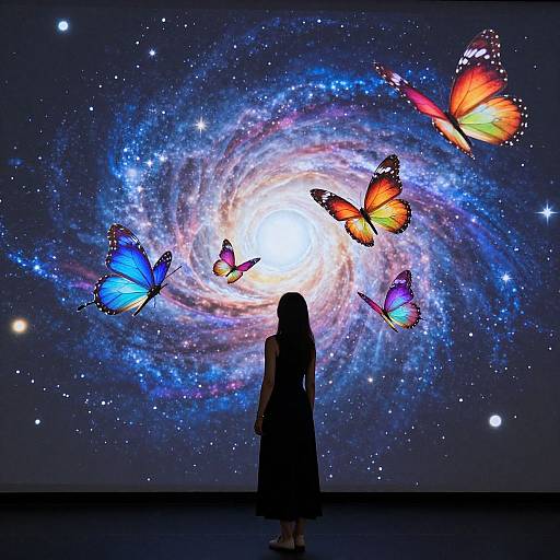 Silhouetted woman in black dress gazes at vibrant, colorful butterflies orbiting a glowing spiral galaxy in a starry night sky. Digital art
