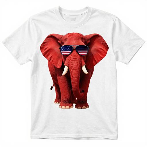 Digital illustration of a red elephant wearing star-spangled sunglasses, centered on a white T-shirt. The elephant has large ears, white tusks, and