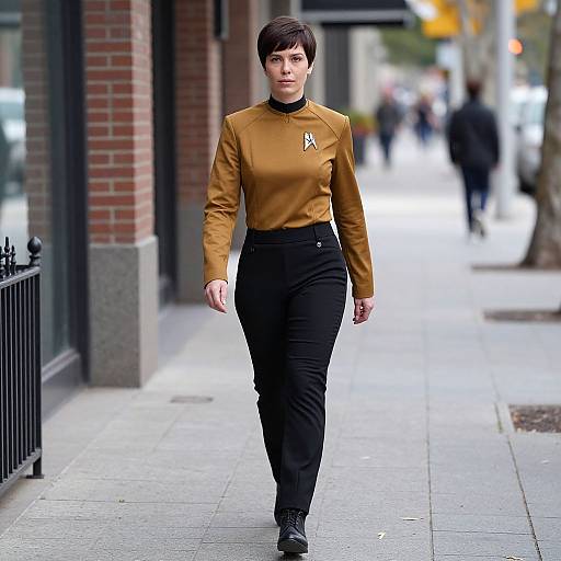 Photograph of a young woman with short brown hair, wearing a mustard long-sleeve top and black high-waisted pants, walking on a