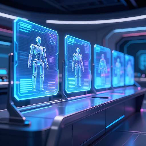 Photorealistic CGI of a futuristic control room with glowing blue holographic screens displaying robotic figures, illuminated by neon lights.