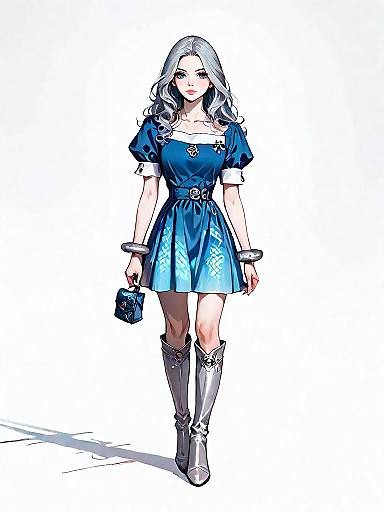 Stylish Woman in Periwinkle Blue Dress and Thigh-High Boots