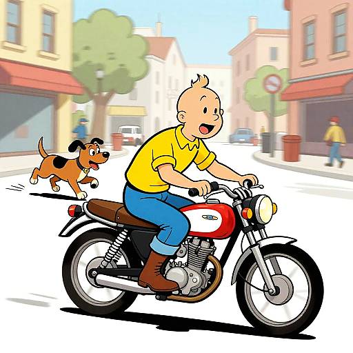 Cartoon of a bald man in a yellow shirt and blue jeans riding a red motorcycle with a happy brown dog running beside him on a sunny street.