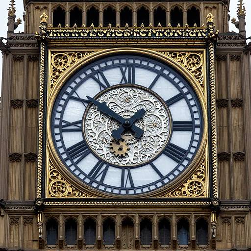 Close-up photograph of Big Ben's ornate clock face, featuring intricate gold detailing, black Roman numerals, and blue hands against a white background.