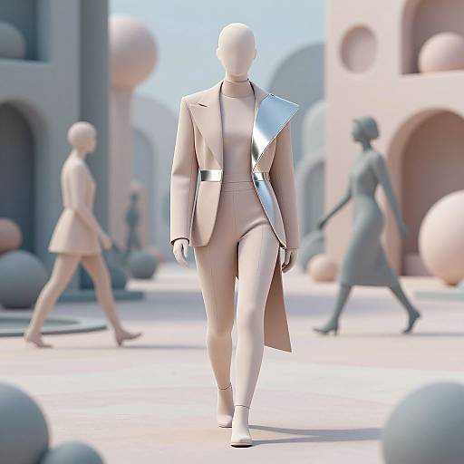 Digital CGI image of a faceless, white, male mannequin in a beige suit with a reflective silver pocket square, walking in a pastel