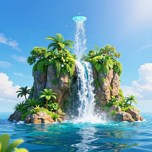Digital art of a lush, tropical island with a tall waterfall, surrounded by blue ocean and clear sky, featuring vibrant green palm trees and ferns.