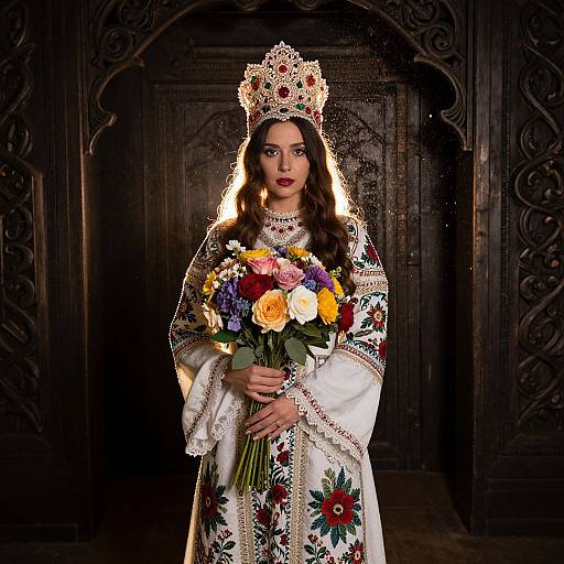 Photograph of a dark-haired woman in ornate floral embroidered white robe, crown, holding colorful flower bouquet, standing in front of dark, intricately