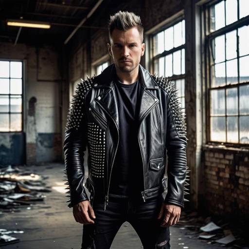 Man in Spiked Leather Jacket in Industrial Setting