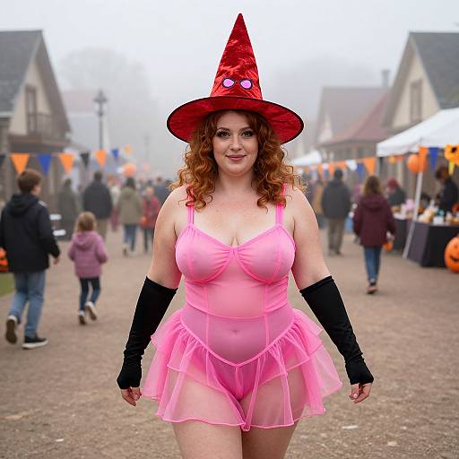 Photograph of a curvy, fair-skinned woman with curly red hair, wearing a pink sheer lingerie dress, black arm sleeves, and a red