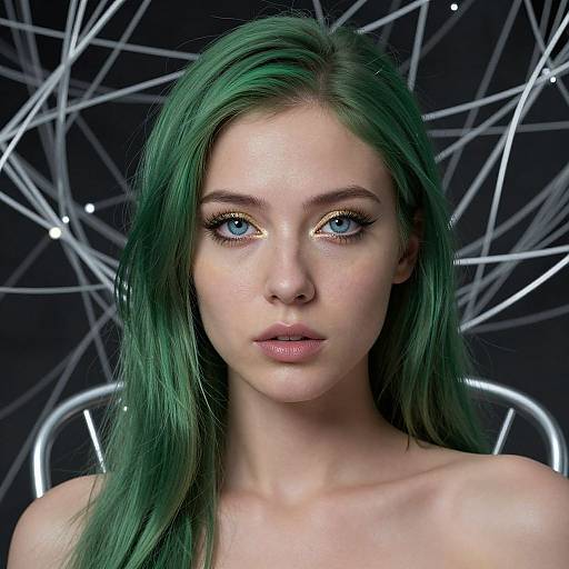 Photorealistic portrait of a fair-skinned woman with green hair, blue eyes, and subtle makeup, set against a dark background with white, geometric
