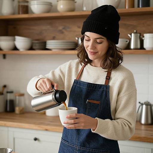 Cozy Woman Pouring Coffee in Rustic Kitchen