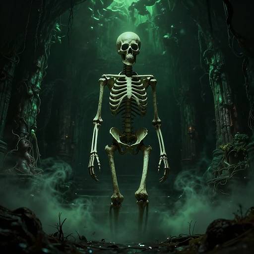 Photograph-style digital artwork of a glowing, skeletal figure standing in a dark, eerie, mist-filled forest with green bioluminescent light.