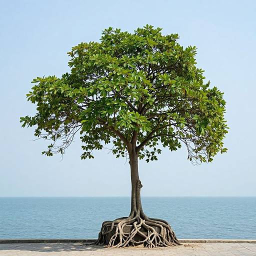 Photograph of a solitary tree with exposed, intricate roots standing by a serene blue ocean under a clear sky.