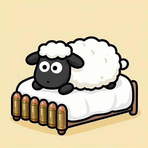 Cartoon black-faced sheep with white wool, large eyes, sitting on white bed with six bullet-like feet on yellow background.