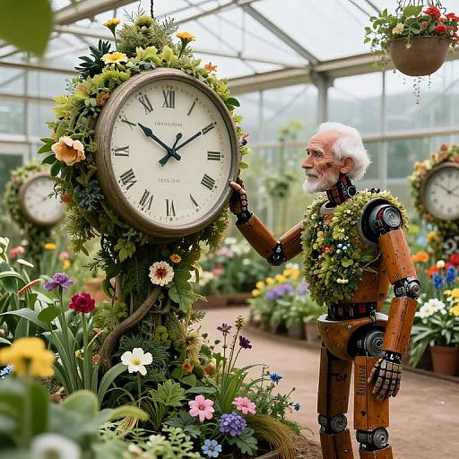 Grandfatherly Robot Tending Time Garden