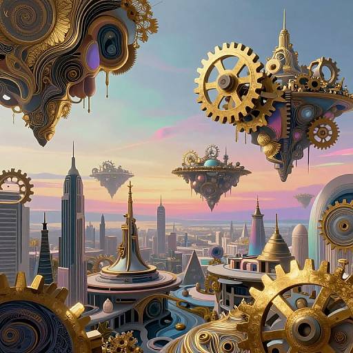 Steampunk cityscape with golden gears, floating islands, and futuristic skyscrapers under a pink and blue sunset sky. Detailed, vibrant digital art