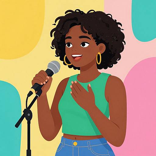 Digital illustration of a smiling, dark-skinned woman with curly hair, wearing a green crop top and blue jeans, holding a microphone against a colorful,