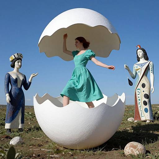 Photograph: Woman in turquoise dress stands inside giant white eggshell, under sunny sky; two stylized, painted statues flanking her.