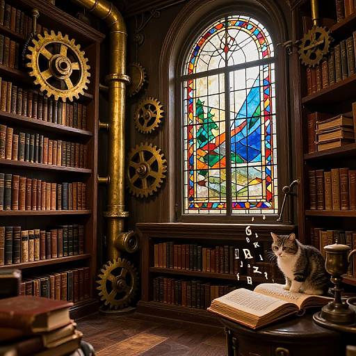 Photograph of a cat sitting on an open book in a dimly lit library with stained glass window, brass pipes, and large gears. Booksh