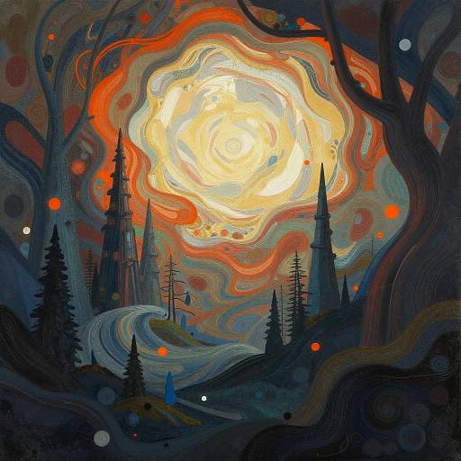 Abstract painting of a swirling, fiery sunset over a dark, forested landscape with silhouetted trees, glowing orbs, and wavy, colorful
