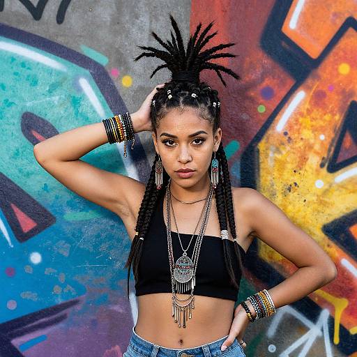 Photograph of a young woman with long black braids, wearing a black crop top, layered necklaces, and bracelets, standing against vibrant graffiti.