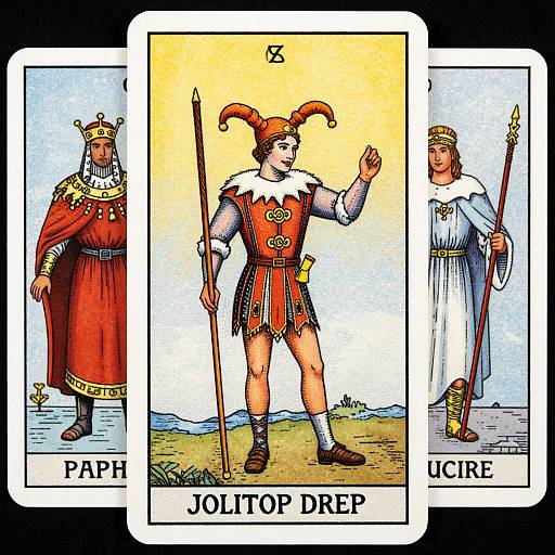 Intricate Tarot Card Featuring Fool, Emperor, Hanged Man