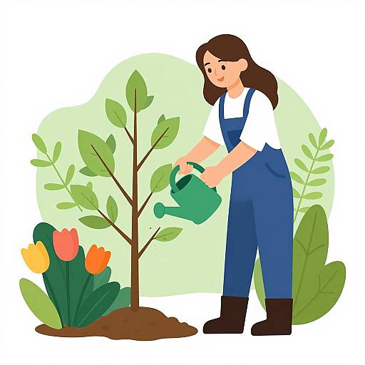 Illustration of a woman with brown hair, wearing blue overalls and white shirt, watering a small plant with green leaves and red-orange tulips,
