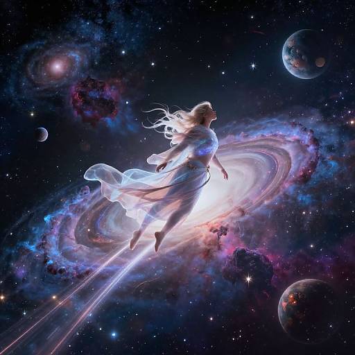 Digital artwork of a silhouetted woman with flowing hair, dressed in a translucent white gown, soaring through a vibrant, star-filled galaxy with colorful