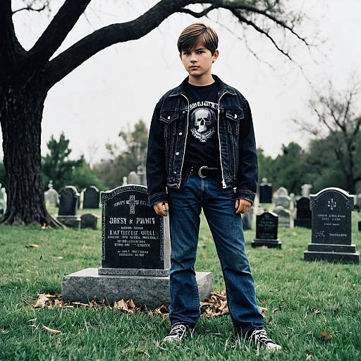 Boy Standing in Graveyard Wearing Tombstone Shirt