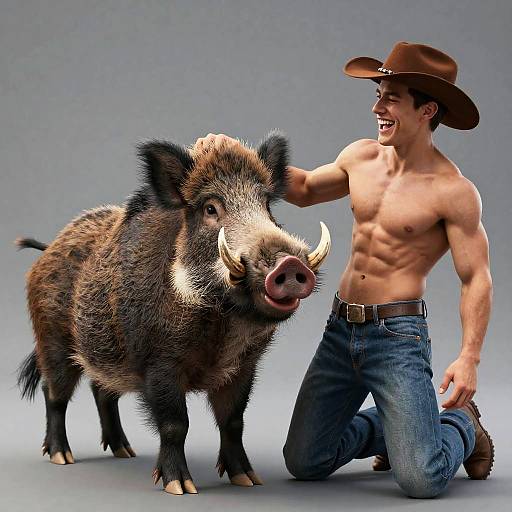 Muscular shirtless man in cowboy hat and jeans kneels, smiling, petting animated wild boar with large tusks against gray background.