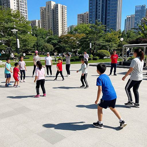Photograph of diverse children and adults playing soccer in a sunny urban park, surrounded by tall buildings and lush green trees. Bright colors, shadows, and