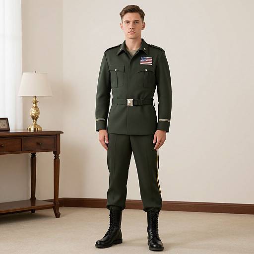 Photograph of a young Caucasian male in a black military uniform with American flag patch, standing in a white-walled room with wooden furniture and a lamp