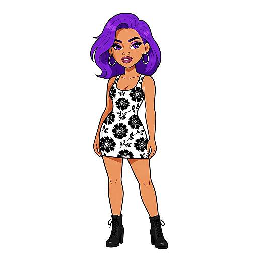 Digital drawing of a confident woman with vibrant purple hair, wearing a white floral dress, black ankle boots, and hoop earrings.