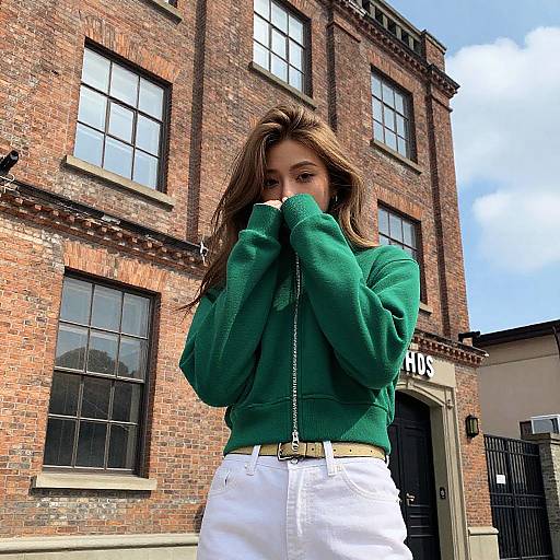 Photograph of a young woman with long brown hair, wearing a green sweater and white high-waisted pants, standing in front of a red-br