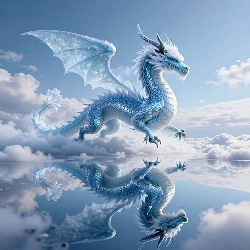 Digital art of a majestic blue dragon with icy wings and scales, floating above a reflective water surface amidst fluffy clouds.