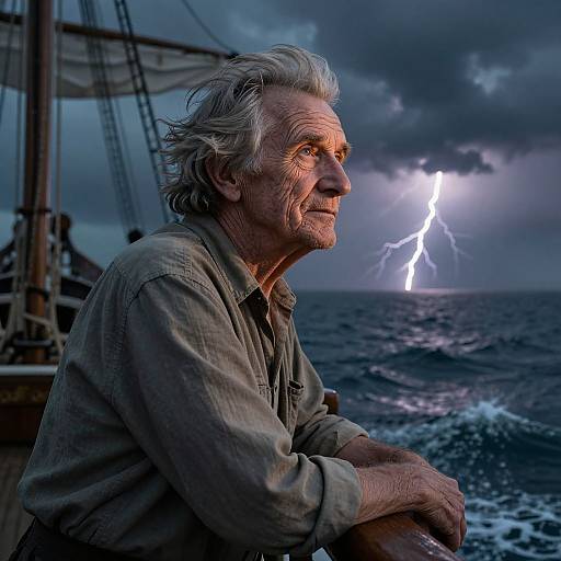 Photograph of an elderly man with white hair, wearing a beige shirt, sitting on a ship during a stormy sea with a bright lightning bolt in