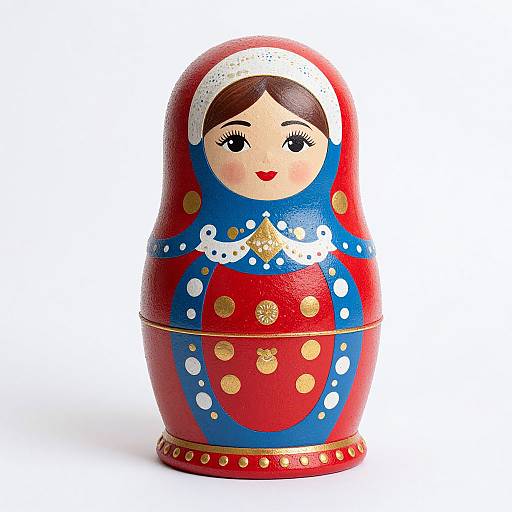 Photograph of a colorful, painted wooden figurine of a woman in traditional clothing with a red dress, blue scarf, white headscarf, and