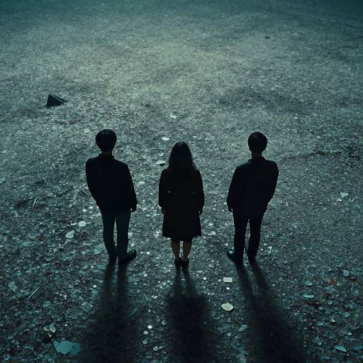 Silhouette photograph of three children standing side-by-side on a dark, litter-strewn ground, casting long shadows, in a moody, blue