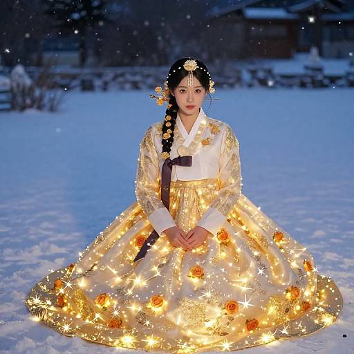 Photograph of a Korean woman in a glowing, golden hanbok dress adorned with orange flowers and fairy lights, kneeling in a snowy night landscape.
