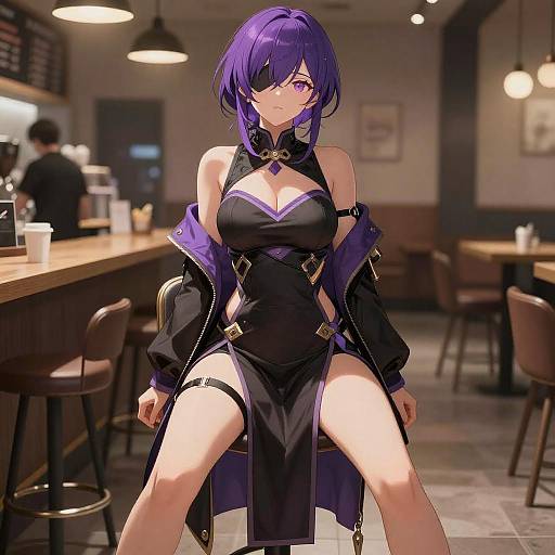 Anime Girl with Purple Hair in Coffee Shop