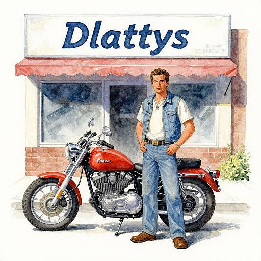Colorful digital illustration of a handsome man in blue jeans and vest, standing confidently beside a red motorcycle in front of 