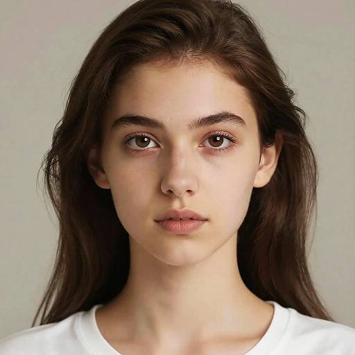 Photograph of a young woman with long dark brown hair, fair skin, brown eyes, and a neutral expression, wearing a white shirt, against a