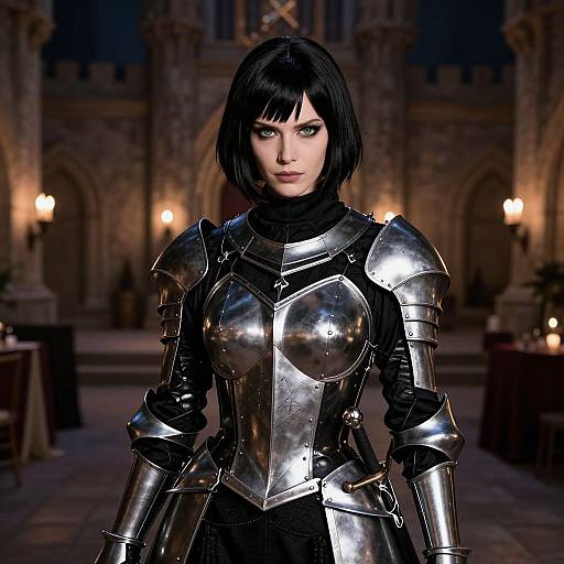CGI image of a serious, black-haired woman with piercing blue eyes, wearing shiny silver medieval armor, standing in a dimly lit, Gothic-style