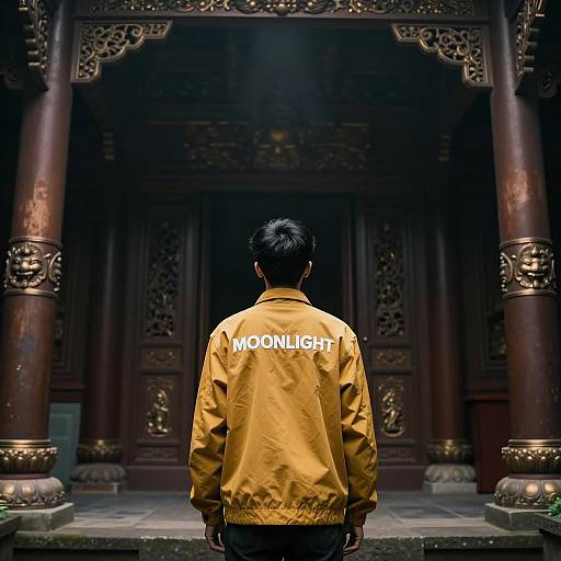Silhouetted Man at Ornate Temple Entrance