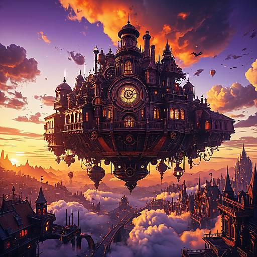 Ancient Steampunk Floating City at Sunset